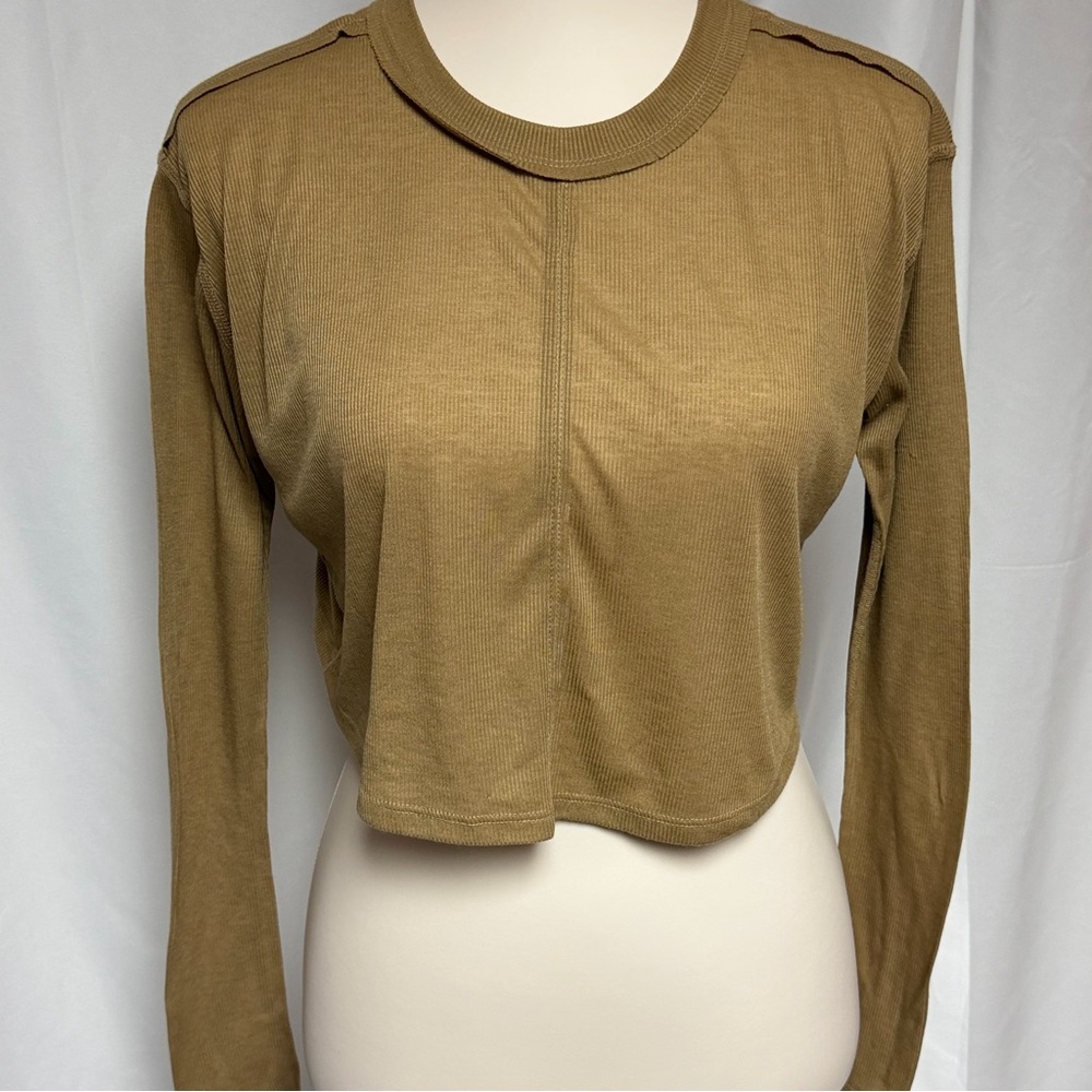 Free People Ribbed Crop Top XS Open Back Cutout Boho Fitted Long Sleeve Brown - Picture 2 of 10